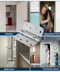 Self-closing 4-inch brushed-nickel door hinges with spring-loaded tension; UL-listed, 2-pack for left/right doors.