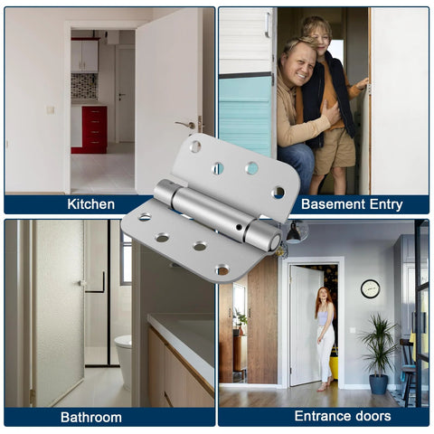 Self-closing 4-inch brushed-nickel door hinges with spring-loaded tension; UL-listed, 2-pack for left/right doors.