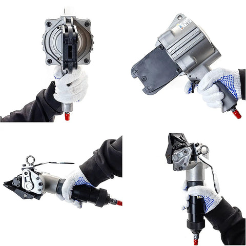 Heavy Duty Pneumatic Steel Strapping Tool And Metal Banding Machine Air Powered Tensioner Cutter Sealer held in gloved hand.