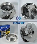 Collage of 7 3/8 Inch V6 Big Series Outboard Jet Impeller Kit with stainless impeller and flanged wear ring liner