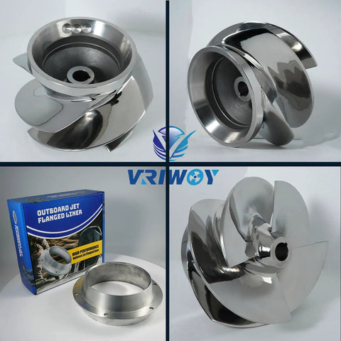 Collage of 7 3/8 Inch V6 Big Series Outboard Jet Impeller Kit with stainless impeller and flanged wear ring liner