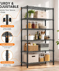 Heavy Duty Steel Wire Shelving Unit Black Metal Storage Rack Built Tough For Garage Warehouse Kitchen Pantry Office Laundry Room Multi Tier with adjustable tiers and storage items.