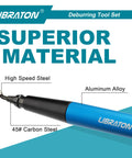 Libraton Deburring Tool Kit 12 In 1 With Ergonomic Aluminum Handle And Eleven High Speed Steel Blades showing materials used.