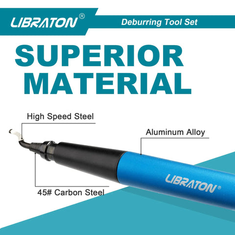 Libraton Deburring Tool Kit 12 In 1 With Ergonomic Aluminum Handle And Eleven High Speed Steel Blades showing materials used.