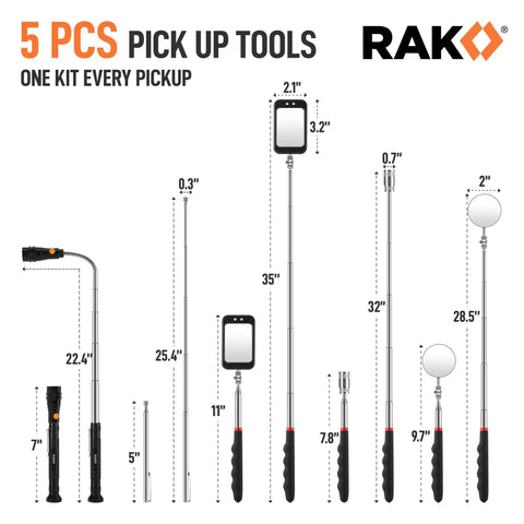 Must Have 5 Piece Magnetic Pickup Tool Set With 360 Swivel Mirrors Telescoping Magnet Reach Flexible LED Flashlight Handy Mechanic Tools And Cool Gadgets For Men Dad Husband Gift showing various lengths of tools