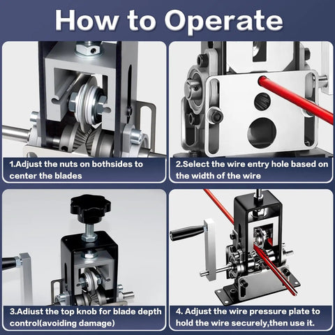 Instructional guide for Effortless Wire Stripping Tool For Scrap Copper Recycling Drill Powered Hand Crank Stripper With Adjustable Gauges