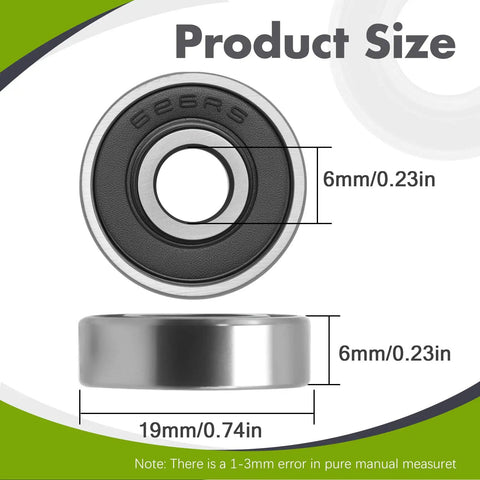 Built Tough 10 Piece 626-2RS Miniature Ball Bearings Pre Lubricated For Quick Fixes And The Daily Grind showing size dimensions of 6mm bore and 19mm OD.