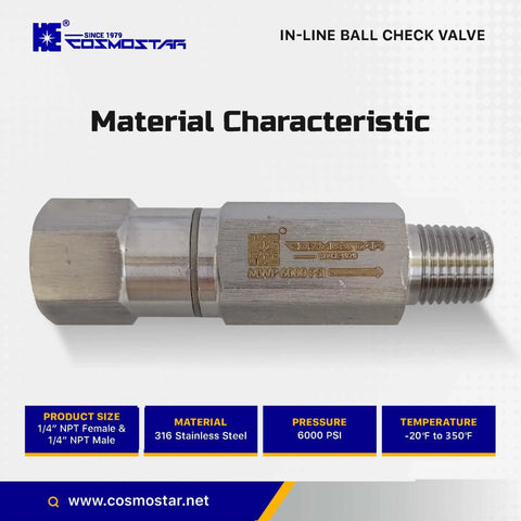 Cosmostar inline ball check valve, 1/4 in NPT, 316 stainless steel with Viton O-ring, male x female, 6000 psi