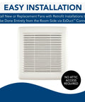 Energy Star Ceiling Or Wall Mount Vent Fan With Roomside Install, 50 CFM, Ultra Quiet 0.5 Sones, White, front view with text overlay