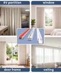Self Adhesive Ceiling Curtain Track 10.9 Feet White No Screws No Drill Ceiling Mount Easy Peel And Stick Installation Works On Smooth Walls Curtain Track System For Drapes And Window Treatments. White adhesive curtain track shown for RV partition, window, door frame, and ceiling use