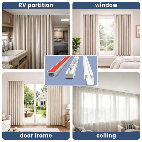 Self Adhesive Ceiling Curtain Track 10.9 Feet White No Screws No Drill Ceiling Mount Easy Peel And Stick Installation Works On Smooth Walls Curtain Track System For Drapes And Window Treatments. White adhesive curtain track shown for RV partition, window, door frame, and ceiling use