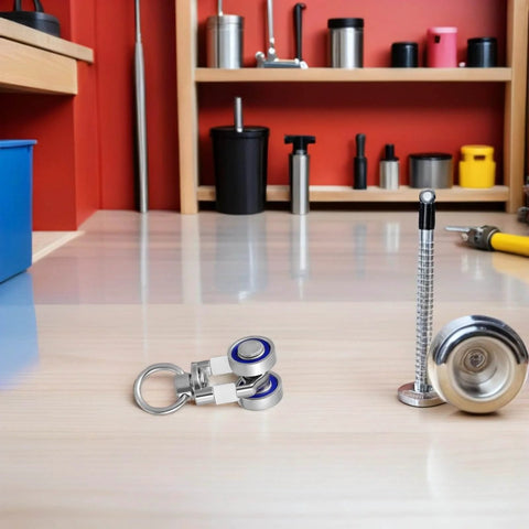 Heavy Duty Curtain Track Gliders 30 Pack with All Metal Bearings, Smooth Sliding Pulleys on a workbench in a workshop setting.
