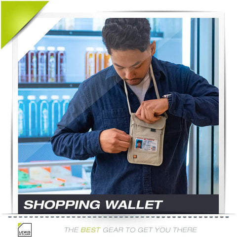 Person adjusting RFID Blocking Stash Neck Wallet And Travel Pouch Passport Holder in taupe color for safe travel.