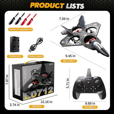 Foam Remote Control Drone For Kids Ages 8 To 12 With Lights 360 Degree Flips Auto Hover Headless Mode One Key Takeoff And Landing Easy Beginner RC Jet Outdoor Flying Toy Gift For Boys; includes spare propellers, battery, data cable, controller, and gift box.