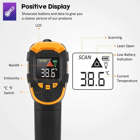 Infrared Non-Contact Thermometer With 12:1 Distance To Spot, adjustable emissivity, LCD display showing 38.6°C