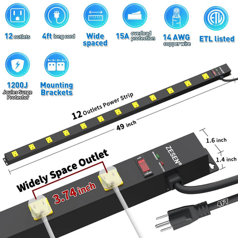 Infographic showing Heavy Duty 12 Outlet Power Strip with wide spaced outlets, 4-foot cord, and surge protector details.