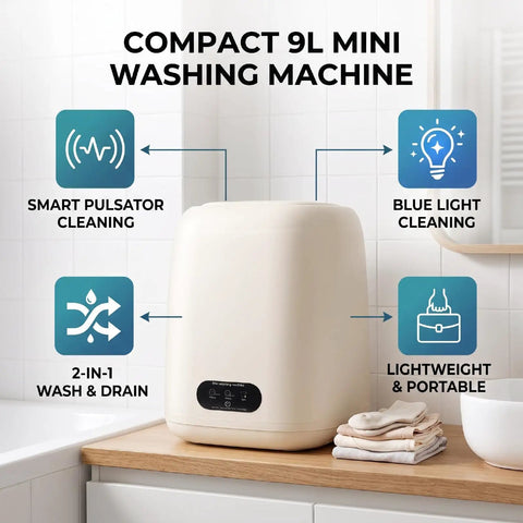 Slick Mini Clothes Washer With Built In Spin Basket For Undies And Socks Smart Pulsator Cycle. Compact 9L washing machine in bathroom.