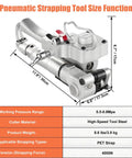 New Style Lightweight Aluminum Pneumatic Strapping Machine With One Button Hot Seal For Pp Pet Banding Up To 3500n Tension side view with dimensions marked.