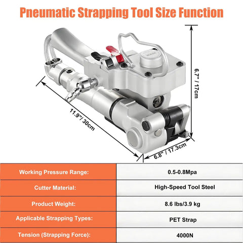 New Style Lightweight Aluminum Pneumatic Strapping Machine With One Button Hot Seal For Pp Pet Banding Up To 3500n Tension side view with dimensions marked.