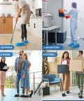 Various scenes of people using Disposable Shoe Covers Large Pack 100 Count Waterproof Non Slip Bootie Covers for Indoor Use