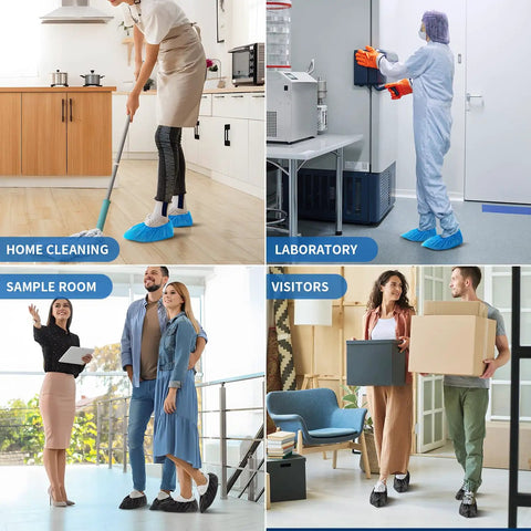 Various scenes of people using Disposable Shoe Covers Large Pack 100 Count Waterproof Non Slip Bootie Covers for Indoor Use