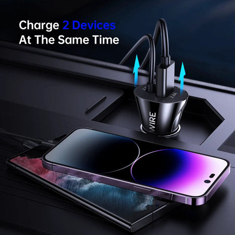 Heavy Duty iPhone Car Charger Featuring Coiled Lightning Cable And Extra Usb Dock MFi Certified Rapid Power Adapter For iPhone 15 14 13 12 11 Xr Xs Max 8 Plus iPad charging two devices simultaneously in vehicle console.