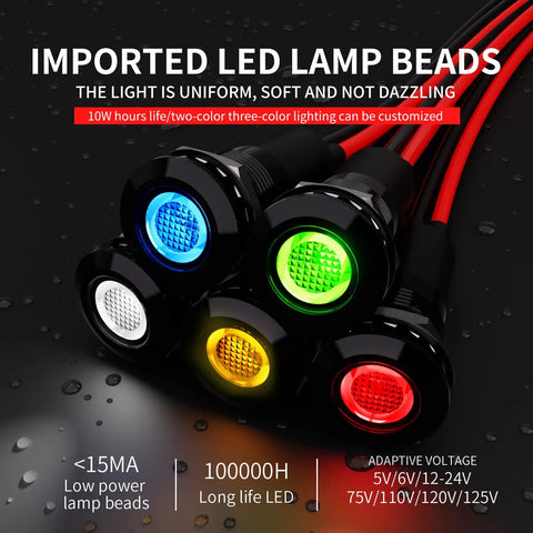 Assorted LED indicator lights with waterproof design and wire leads, highlighting the 12mm Green LED Indicator Light Waterproof Metal Housing Signal Lamp 110V 120V 125V IP67 Dash And Equipment Light 2 Pack for cars and boats.