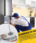 Drop In Evaporator Fan Motor WR60X10185 for GE and Hotpoint refrigerators, visible motor with wires and connectors near fridge repair scene.