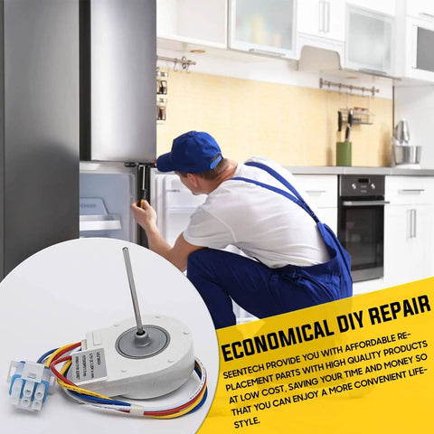 Drop In Evaporator Fan Motor WR60X10185 for GE and Hotpoint refrigerators, visible motor with wires and connectors near fridge repair scene.