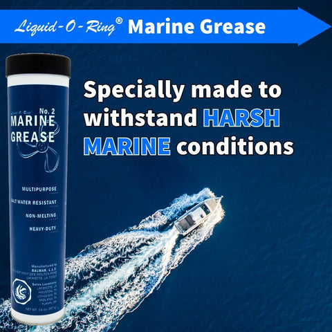 Multi Purpose Marine Grease For Boat Trailers U Joints And Lower Units NLGI Grade 2 Saltwater Resistant High Temperature Heavy Duty Performance Made In The USA 14 Oz Cartridge packaging next to a boat on water.