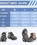 Grippy Ice Cleats For Boots And Shoes With Stainless Steel Micro Spikes, Snow Traction Grips display with size chart