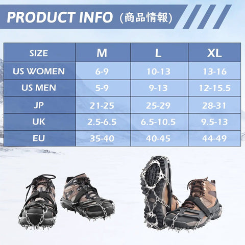Grippy Ice Cleats For Boots And Shoes With Stainless Steel Micro Spikes, Snow Traction Grips display with size chart
