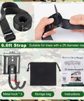 Tree Stand Gear Hangers With 3 Metal Hooks Thick Strap Bow Hanger For Hunting with 6.6ft strap, hooks, bag, and instructions.