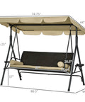 Three Seat Outdoor Patio Swing Chair with Adjustable Canopy and Removable Cushions, dimensions shown, for Garden Porch Backyard Relaxation