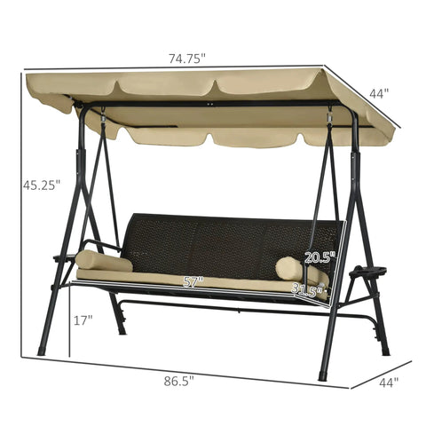 Three Seat Outdoor Patio Swing Chair with Adjustable Canopy and Removable Cushions, dimensions shown, for Garden Porch Backyard Relaxation