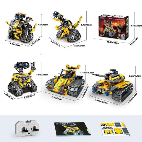 Epic 5 In 1 Robot Building Kit For Kids With 520 Pieces, showcasing models and dimensions