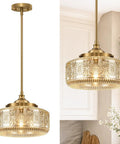 DSMJFU Gold Kitchen Pendant Light for Kitchen Vintage Glass Pendant Light with intricate design and adjustable height.