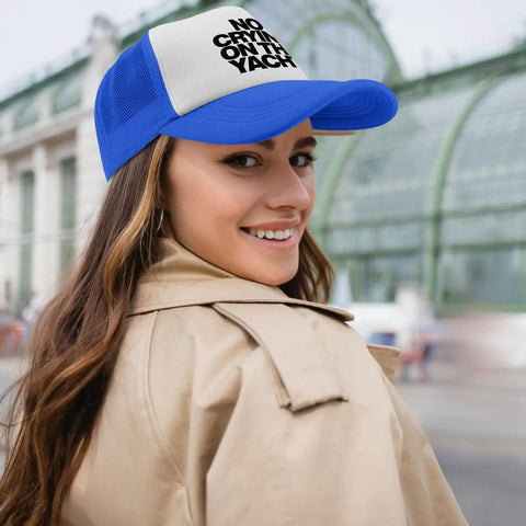 Woman wearing Royal Blue Yacht Vibes Dad Hat For Men And Women, lightweight baseball cap with six vent eyelets