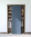 48 Inch Ceiling Mount Bypass Sliding Door Hardware Kit For Cabinet And Closet, installed with double pocket doors in a room