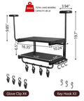 2-Tier Motorcycle Helmet Wall Mount Rack With Hat Stands, shown in black metal, with 80 lb capacity, dimensions labeled.
