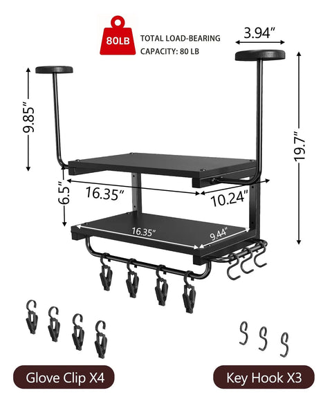 2-Tier Motorcycle Helmet Wall Mount Rack With Hat Stands, shown in black metal, with 80 lb capacity, dimensions labeled.
