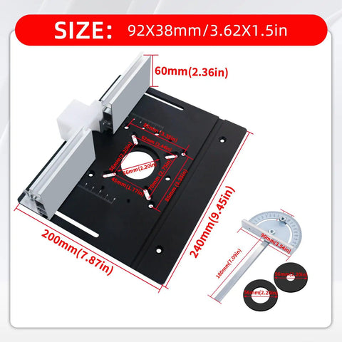 Aluminum Alloy Router Kit With Table Base Plate and Liftable Base for Woodworking, shown with dimensions and components.