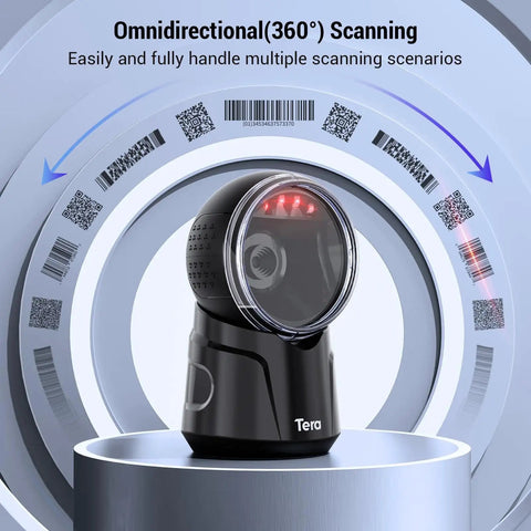 Omnidirectional Barcode Scanner 360 Degree Hands Free USB Wired Reader For 1D 2D QR Codes Plug And Play For POS Retail Supermarket Mobile Payment Adjustable Scan Head Model 9000 displayed on podium.