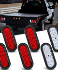 Six Inch Oval Trailer Tail Light Kit With Red And White 10 LED Per Light 6 Pack Flush Mount Grommets And Plugs IP67 Waterproof brake turn signals on truck