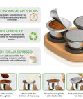 Six Pack Reusable Stainless Steel Nespresso OriginalLine Pods With 100 Lids And Wood Storage Tray on display with filling steps.