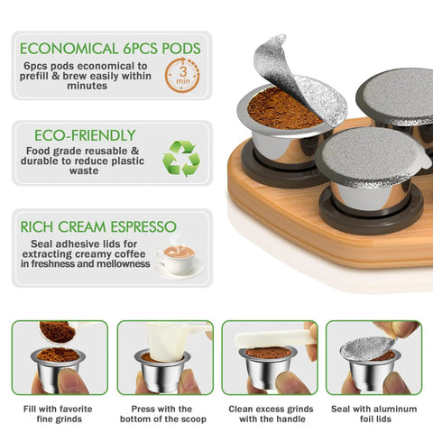 Six Pack Reusable Stainless Steel Nespresso OriginalLine Pods With 100 Lids And Wood Storage Tray on display with filling steps.