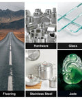 Collage showing road flooring, metal hardware, glass sheets, stainless steel cookware, and jade carving.