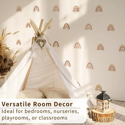 72 Piece Small Boho Rainbow Wall Decals Peel And Stick Set With 12 Sheets in a cozy bedroom with a teepee tent.