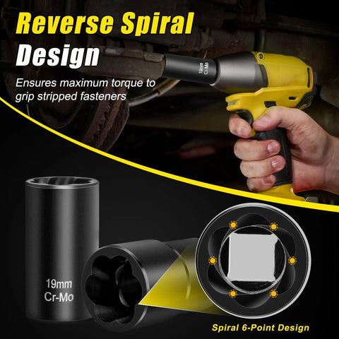 19mm Cr-Mo socket of 10 Piece Bolt Extractor Set For Damaged Or Rounded Bolts And Lug Nuts 1/2 Inch Drive Impact Wheel Lock Remover Kit in use