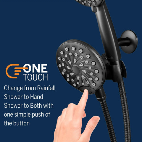 Close-up of matte black 2 In 1 Dual Shower System With Rain Head And 7-Mode Handheld Shower Head, One Touch Switching button visible.